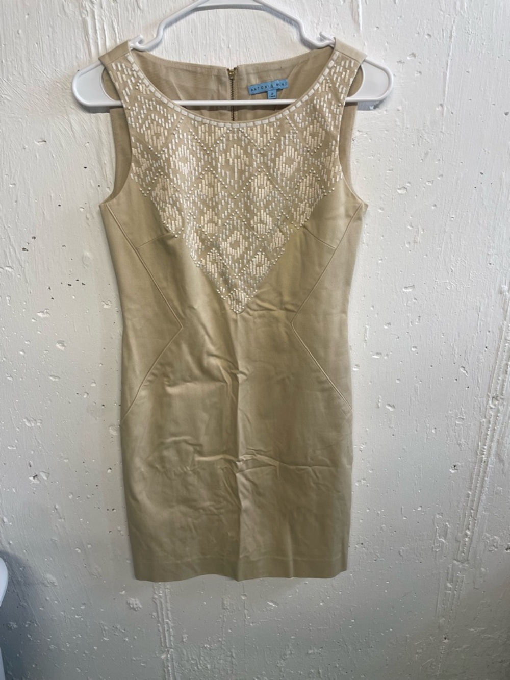 Sleeveless Beaded Sheath Dress in Beige